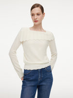 Wool Blend Rhinestone Scalloped Boat Neck Women Knit Top GOELIA