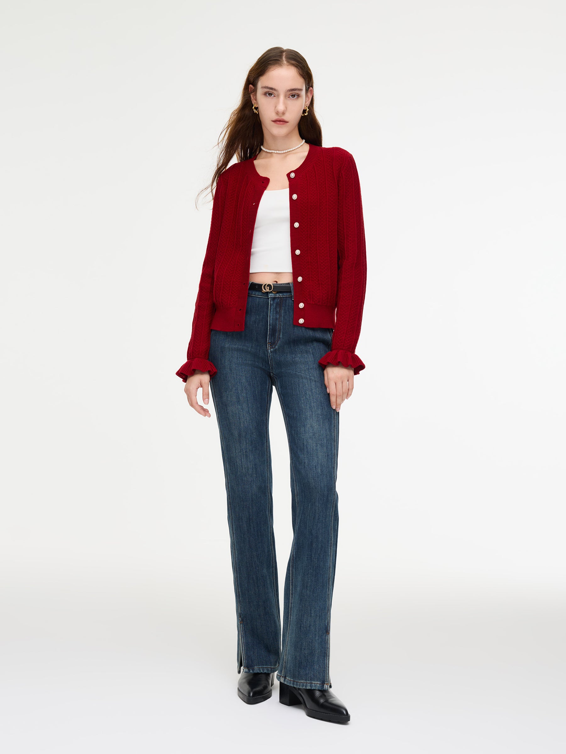 Tencel Wool Blend Ruffle Cuff Women Cardigan GOELIA