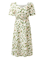 Acetate Blend Floral Print Women V-Neck Midi Dress With Belt GOELIA