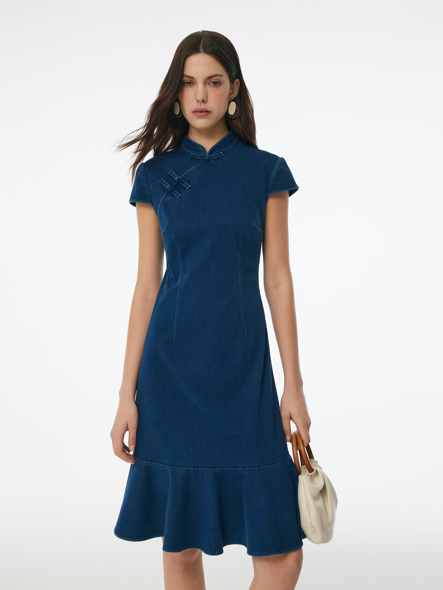 Denim Ruffle Hem Women Stretchy Knit Qipao Mini Dress GOELIA