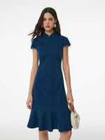 Denim Ruffle Hem Women Stretchy Knit Qipao Mini Dress GOELIA
