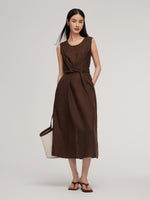 100% Linen Twist Front Women Sleeveless Maxi Dress GOELIA