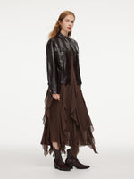 PU Leather Stand Collar Wind-Proof Women Belted Jacket GOELIA