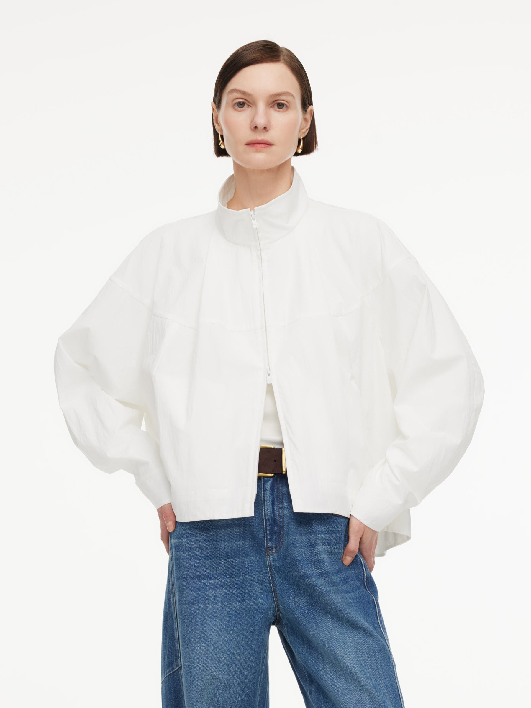 Cotton Blend Bubble Hem Women Crinkle Cropped Zip Jacket GOELIA