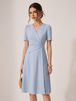 V-Neck Asymmetric Pleated Women Midi Dress GOELIA