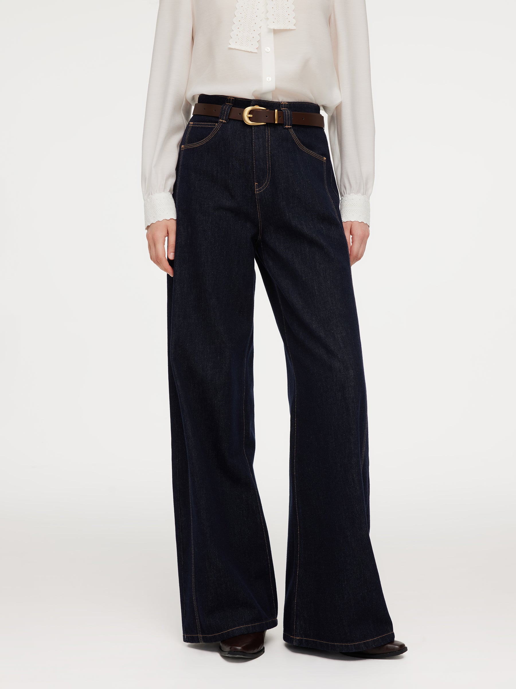 100% Cotton Denim Women Wide Leg Jeans With Belt GOELIA