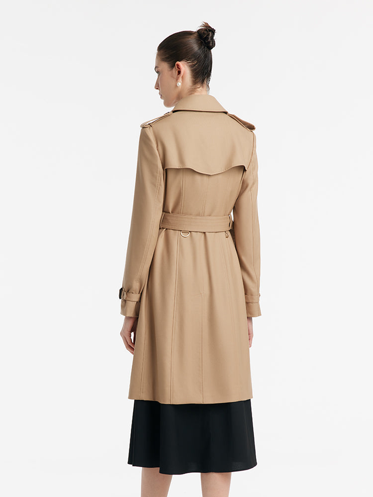 Worsted Wool Gathered Waist Double-Breasted Women Trench Coat GOELIA
