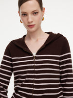 100% Wool Brown Stripe Women Hooded Zip-Up Cardigan GOELIA