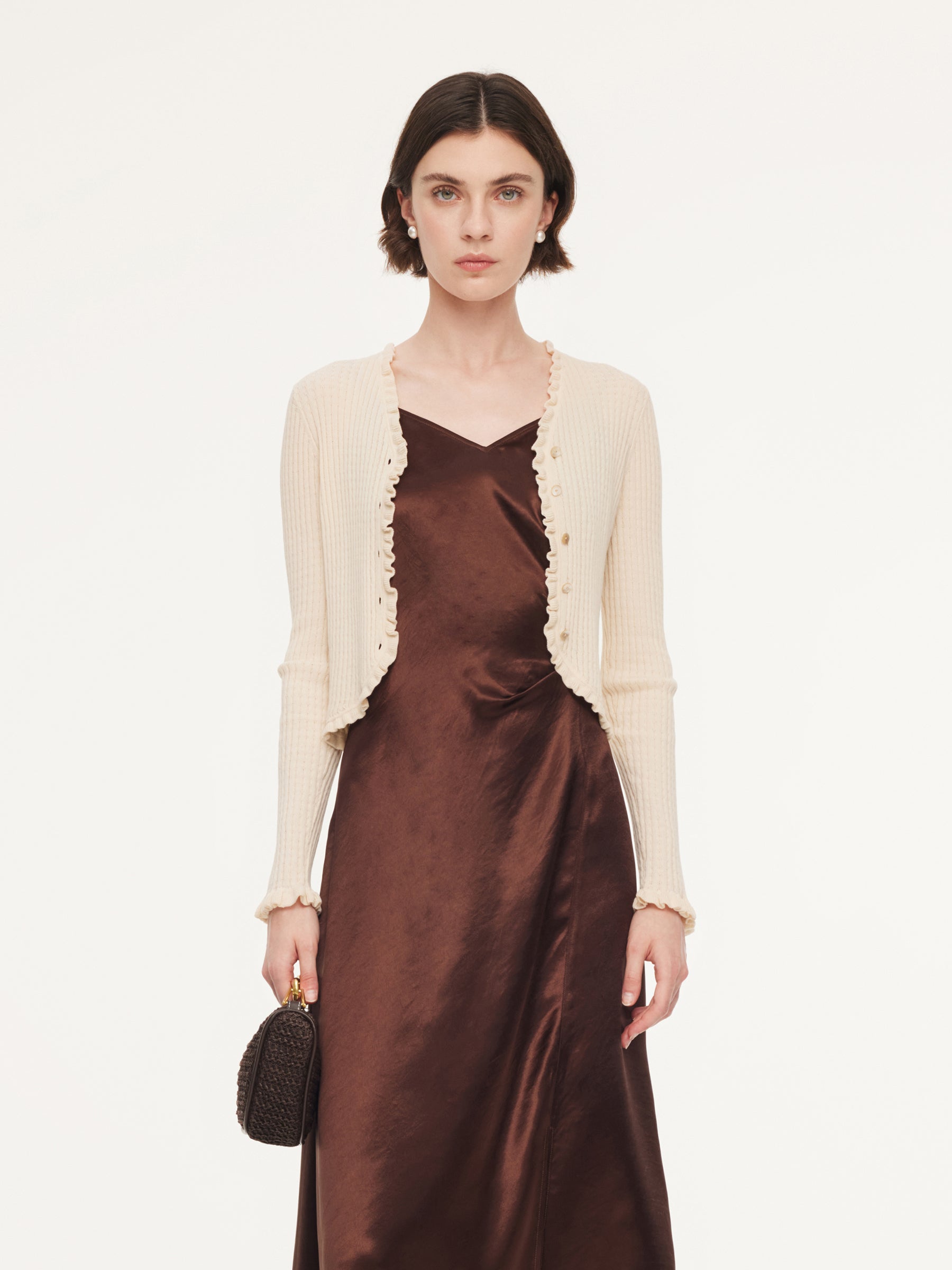 Cotton Mulberry Silk Blend Ruffle Trim Women Cardigan GOELIA