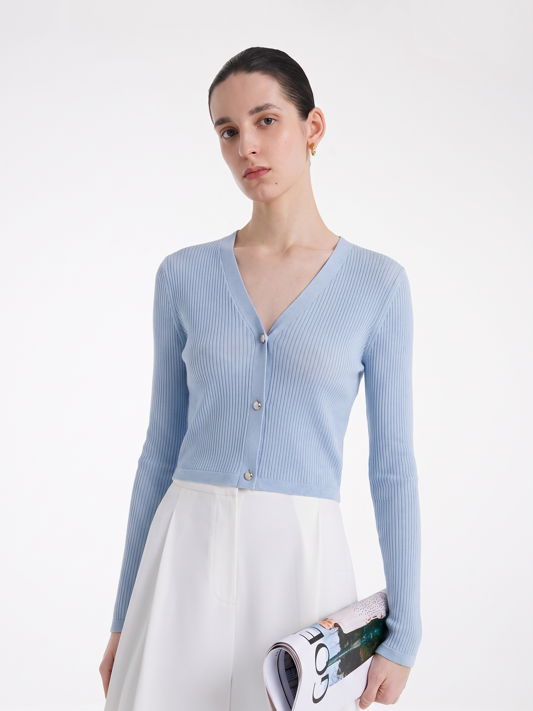 Tencel-Silk Blend Knitted V-Neck Women Cardigan GOELIA