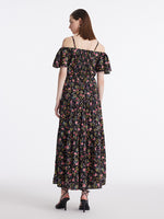16 Momme Mulberry Silk Rose Printed Off Shoulder Women Maxi Dress GOELIA
