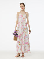 100% Linen Rose Print Women Halterneck Slip Maxi Dress GOELIA