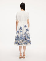 Tencel Linen Floral Print Women V-Neck Midi Dress With Self-Tie Belt GOELIA