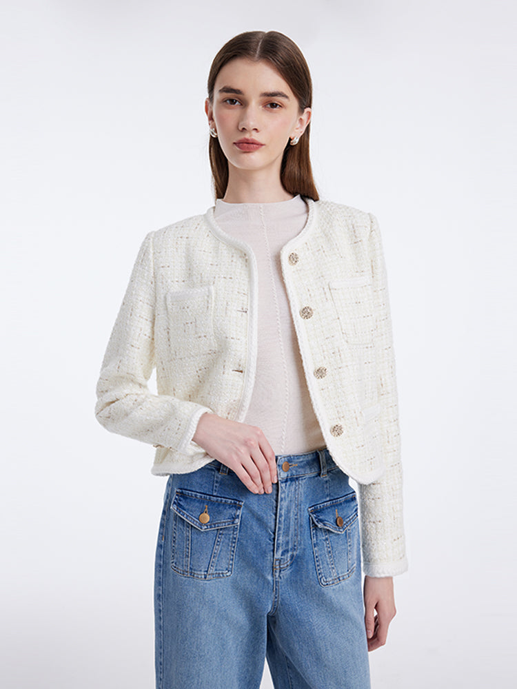 White Knitted Tweed Crop Jacket GOELIA