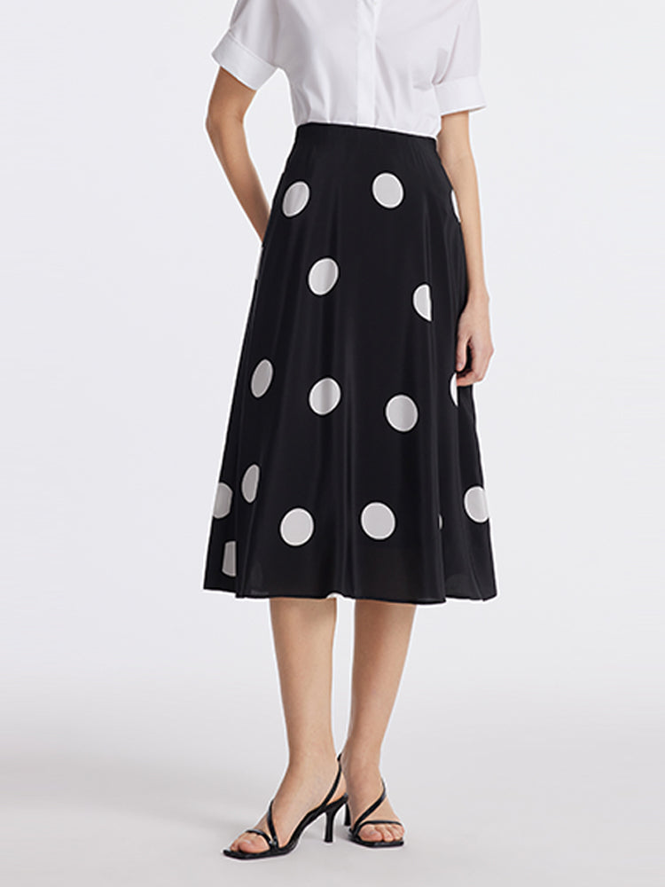 16 Momme Mulberry Silk Polka Dots Printed A-Line Women Half Skirt GOELIA