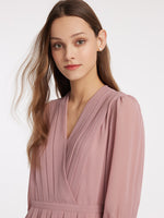 V-Neck Pleated Lace Up Wrap Midi Dress GOELIA
