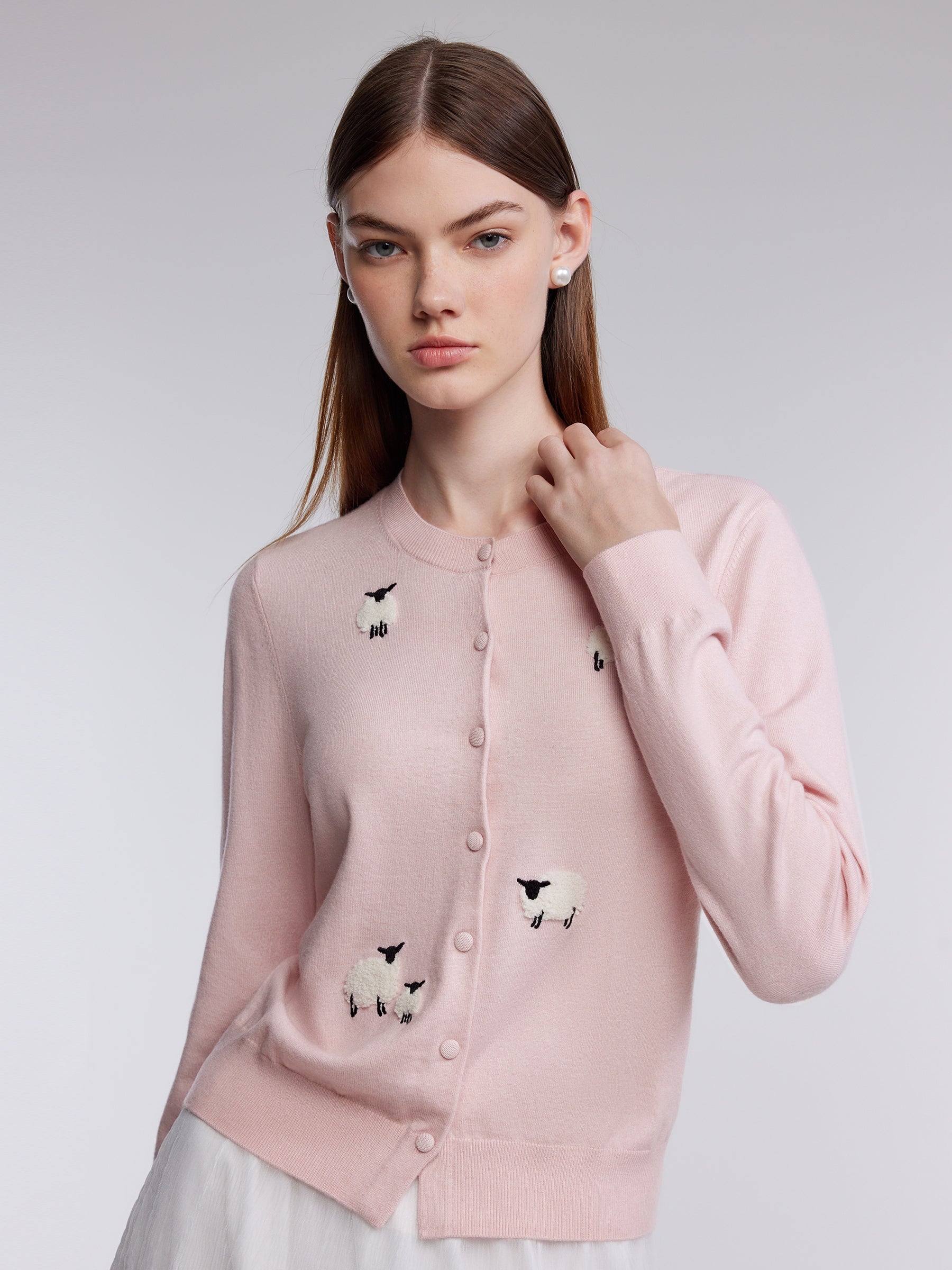 Textured Sheep Embroidered Women Cardigan GOELIA