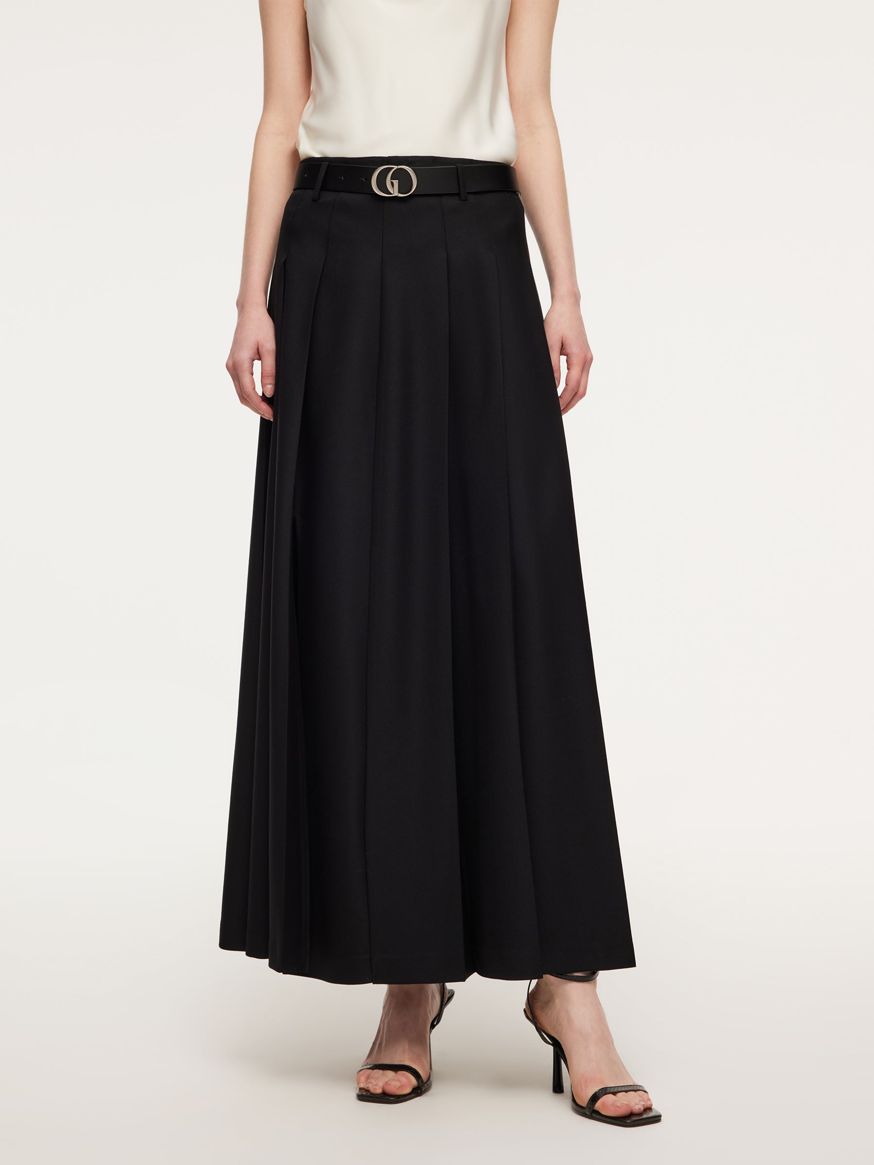 [Preview] 100% Wool Women Pleated Skirt With GO Letter Leather Belt GOELIA