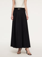 100% Wool Side Slit Women Pleated Skirt With Belt GOELIA