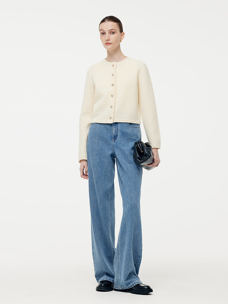 Tencel Wool Blend Round Neck Women Knit Cardigan GOELIA