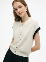 Tencel Blend Color Block Women Polo Short Sleeve Cardigan GOELIA