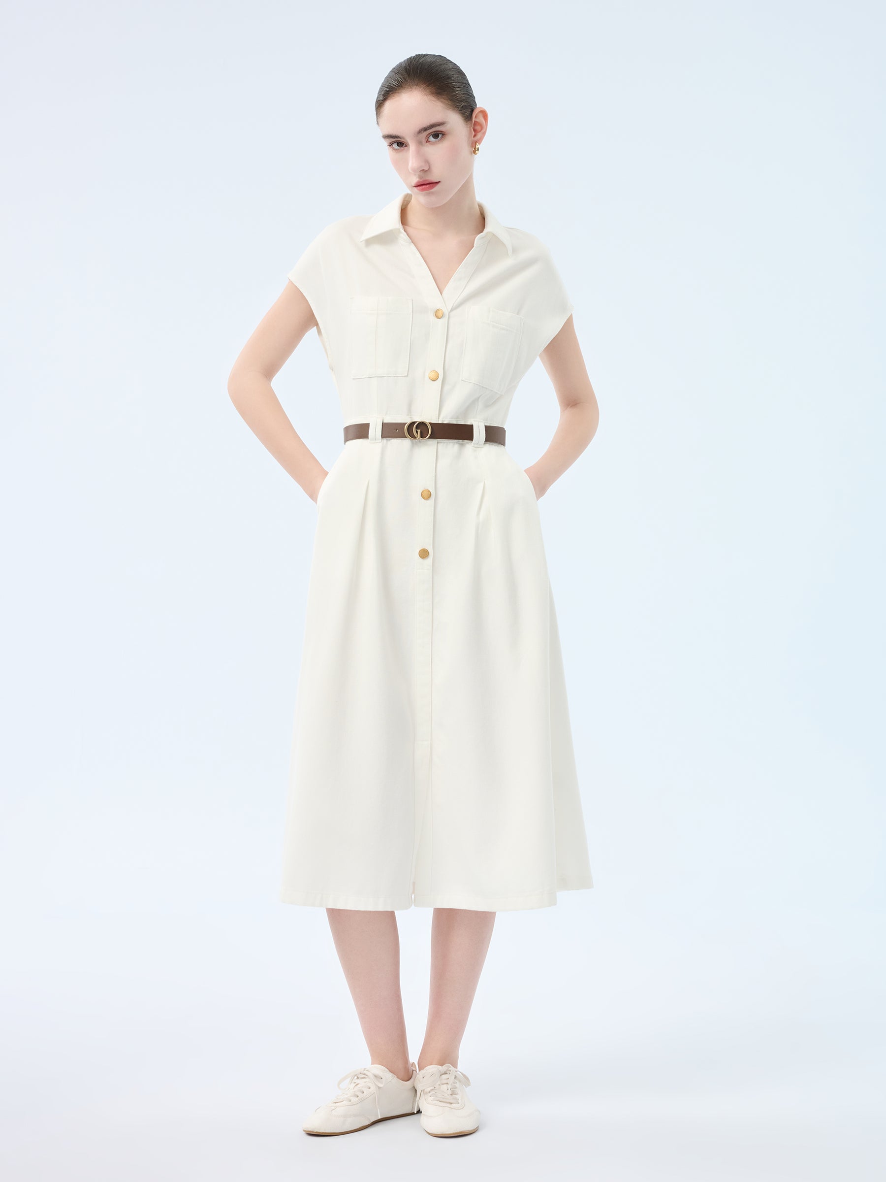 Lyocell Cotton Blend Denim Women V-Neck Maxi Shirt Dress With Belt GOELIA