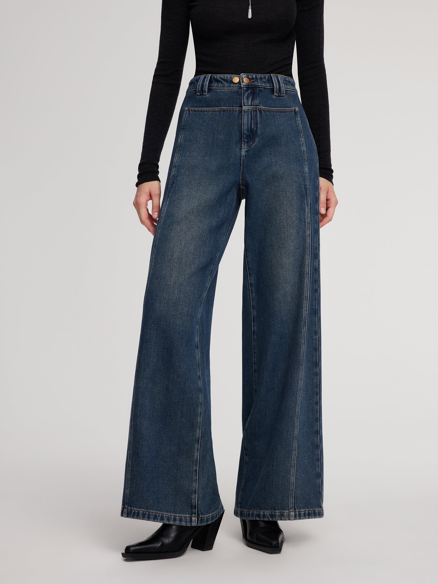 100% Cotton Brushed Denim Straight Wide Leg Women Jeans GOELIA