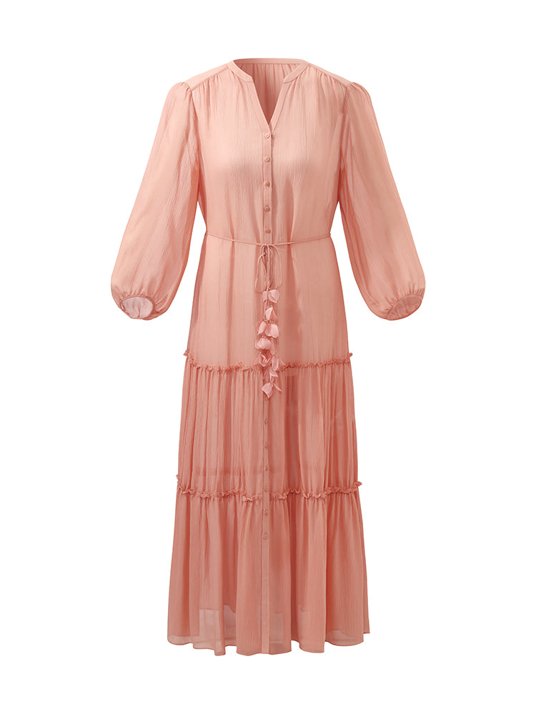 12 Momme Mulberry Silk Tiered Women Maxi Dress With Belt And Bottomed Spaghetti Strap Dress GOELIA