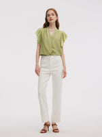 Acetate Blend V-Neck Women Ruffle Sleeve Blouse GOELIA