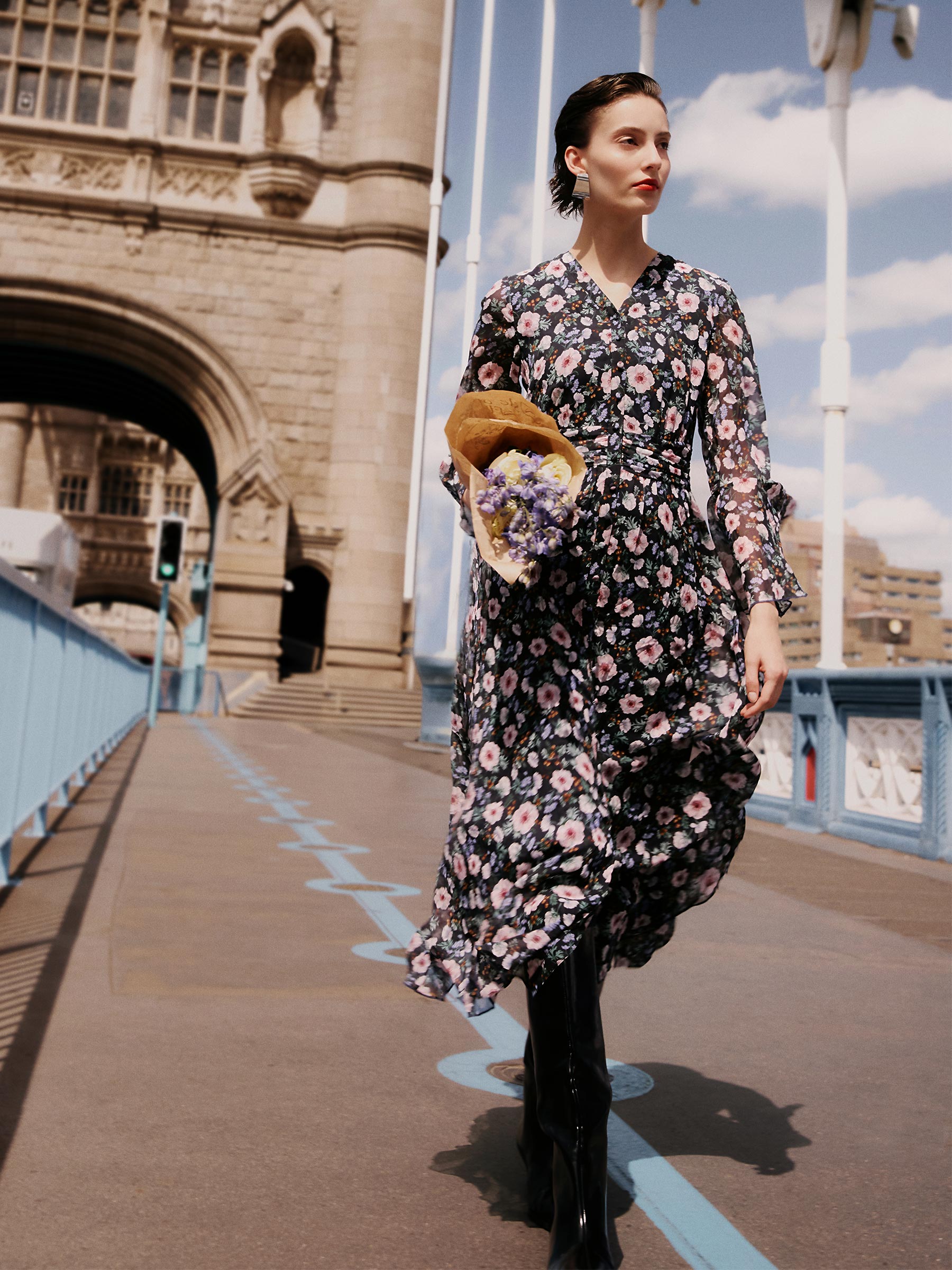 10MM Mulberry Silk Floral Print Women V-Neck Maxi Dress GOELIA