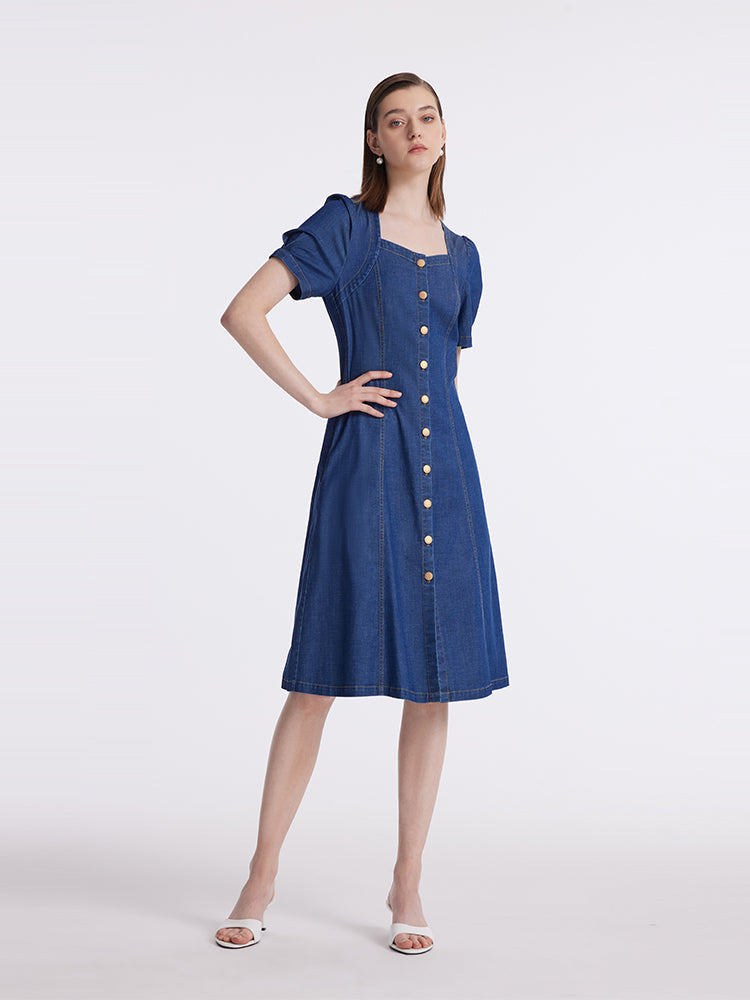 Denim Puff Sleeves Single-Breasted Women Midi Dress GOELIA