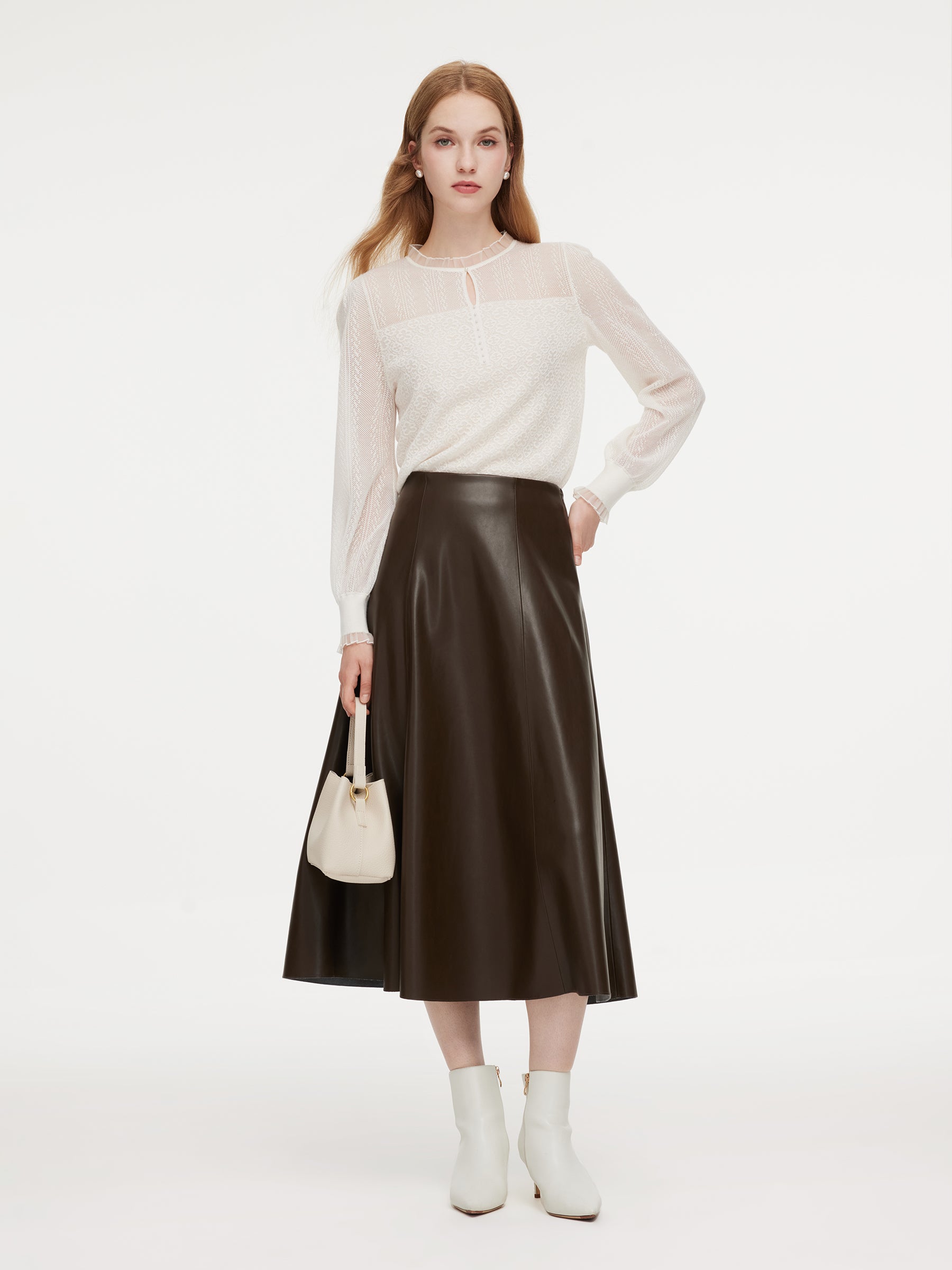 Jacquard Ruffle Neck Women Knit Top GOELIA