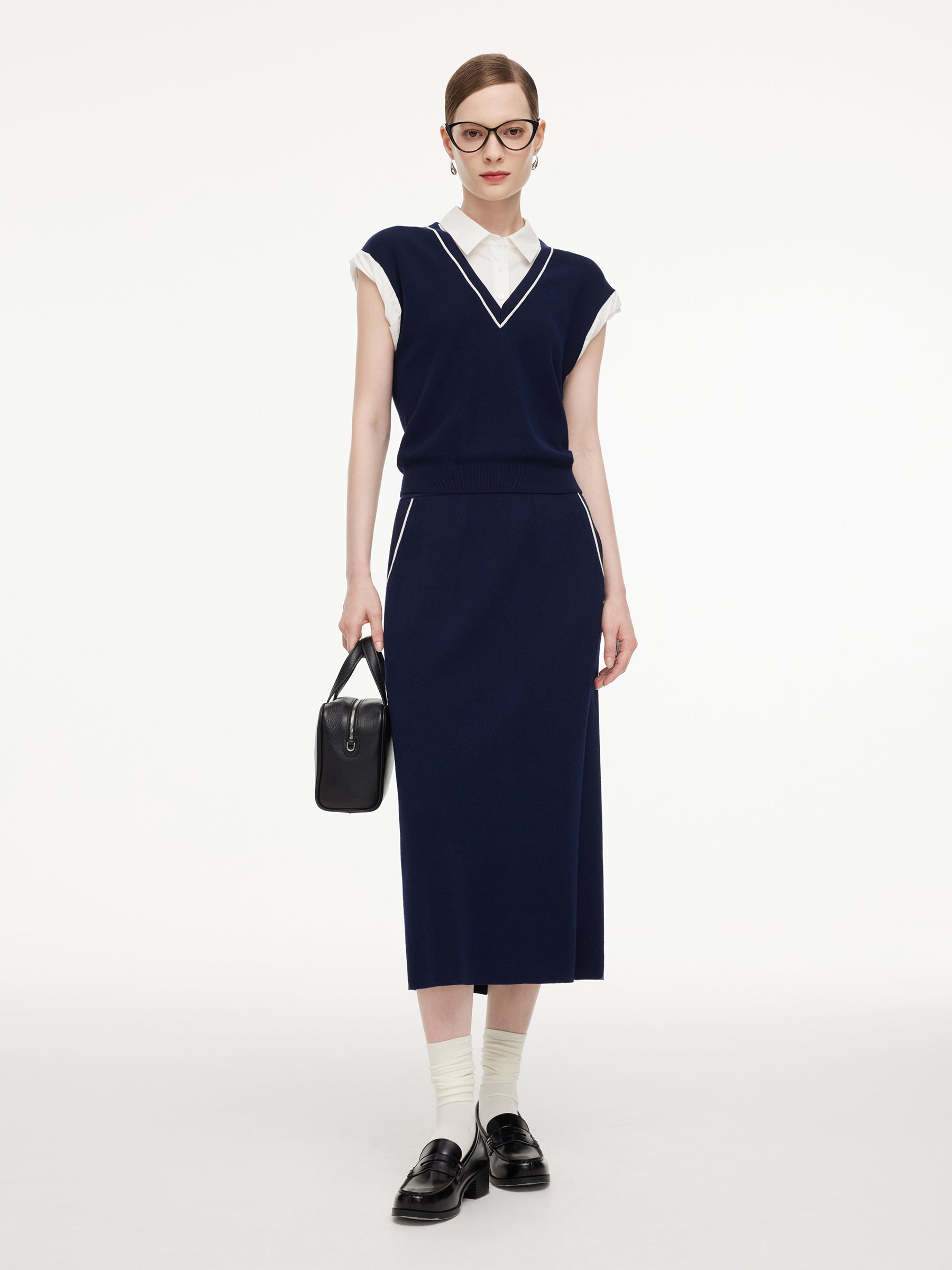 Tencel Blend Mock Layered Knit Top And Skirt Two-Piece Set GOELIA