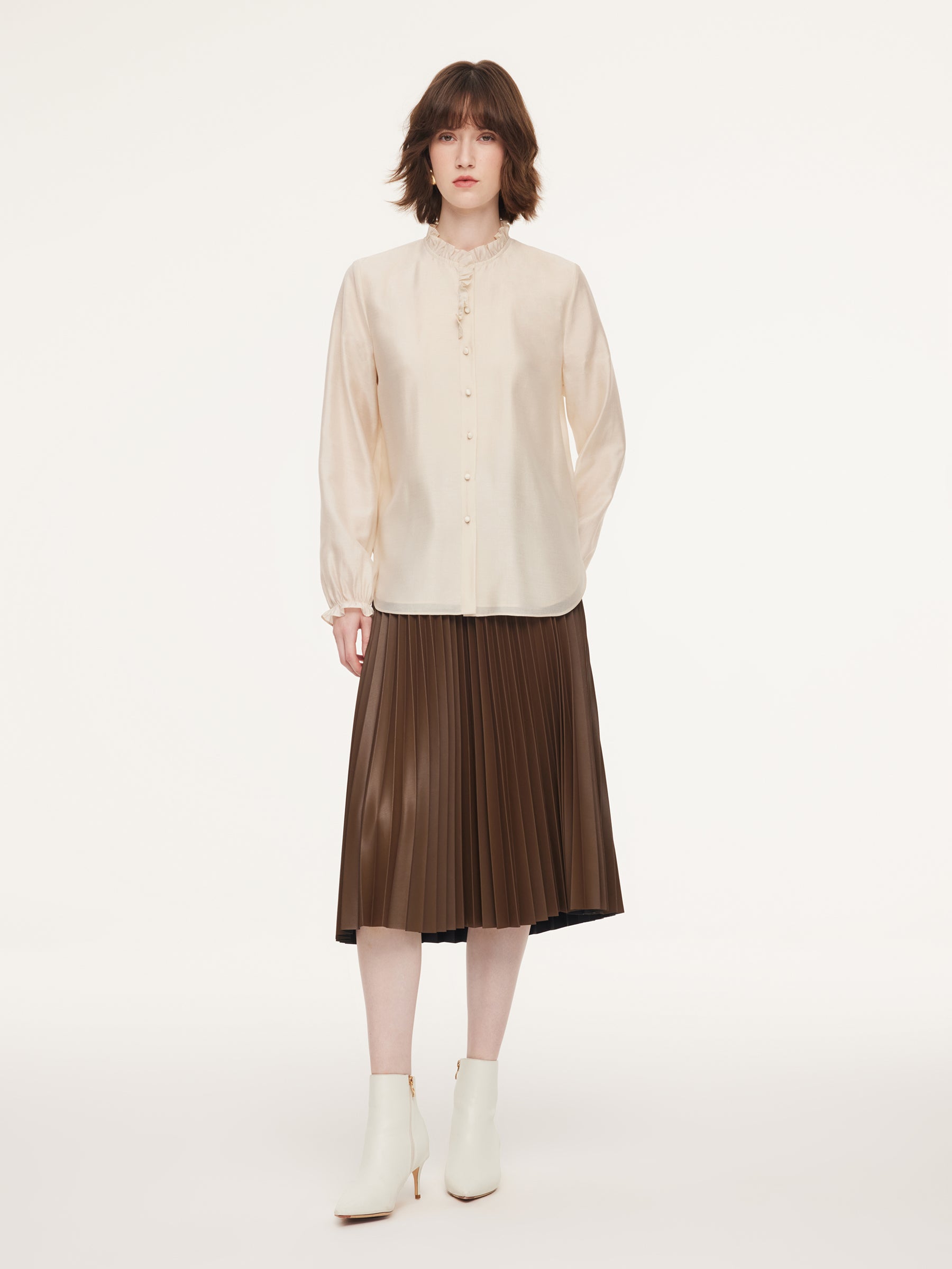 Acetate Modal Blend Ruffle Neck Women Shirt GOELIA