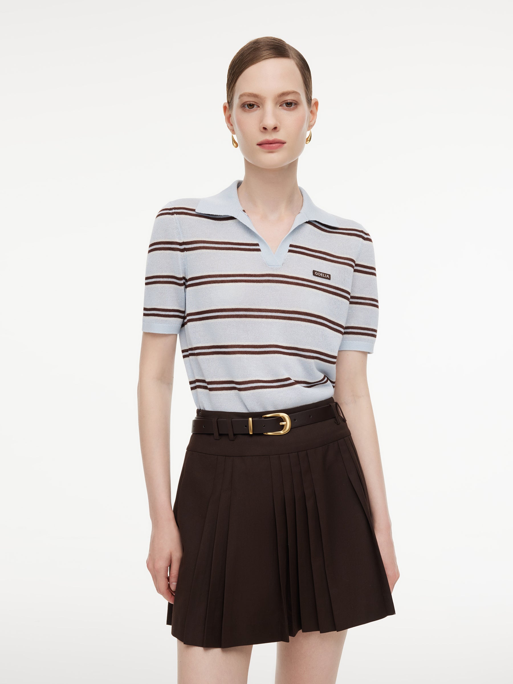 Navy Combo Stripe Women Polo Knit Top GOELIA