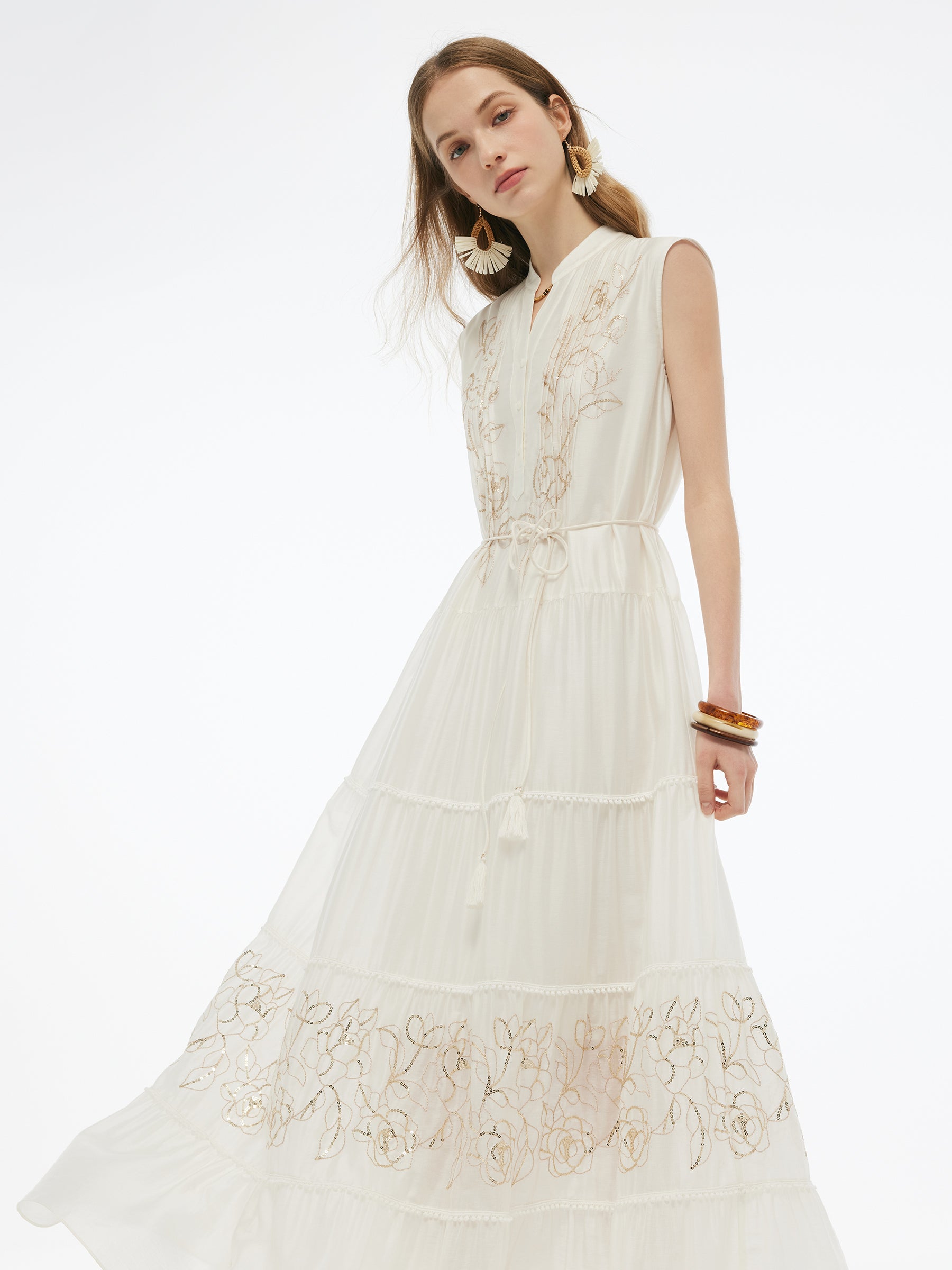 Tencel Blend Embroidered Women Maxi Vest Dress With Tie String Belt GOELIA