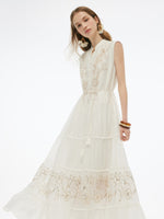 Tencel Blend Embroidered Women Maxi Vest Dress With Tie String Belt GOELIA