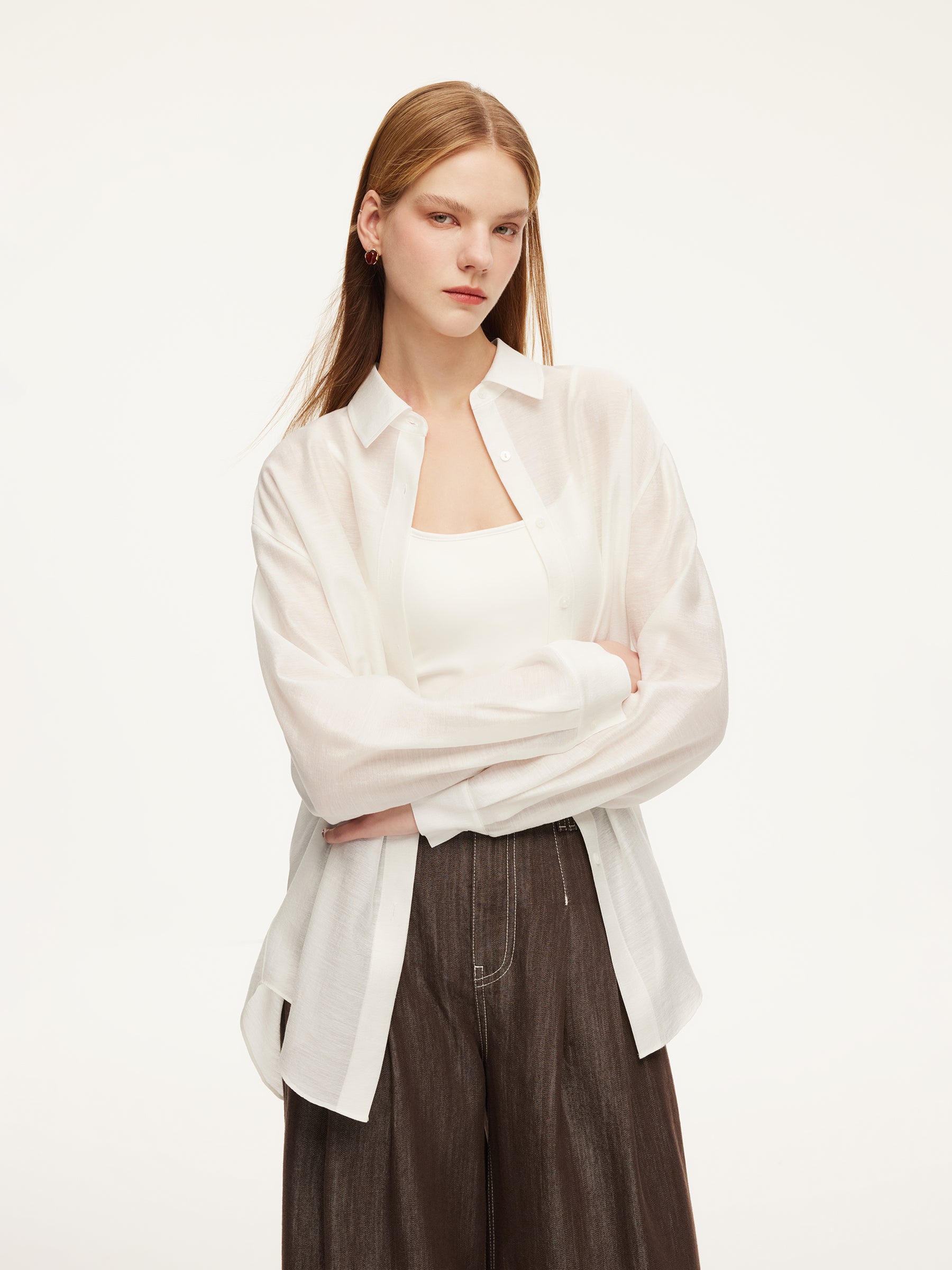 Tencel Acetate Linen Blend Women Sheer Oversized Shirt & Camisole Two-Piece Set GOELIA