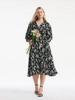 Camellia Printed V-Neck Ruffle Hem Women Midi Wrap Dress GOELIA