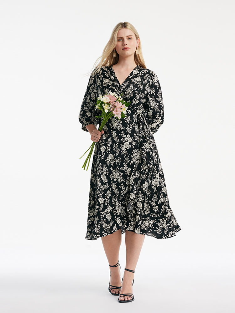 Camellia Print V-Neck Ruffle Hem Women Midi Wrap Dress  GOELIA