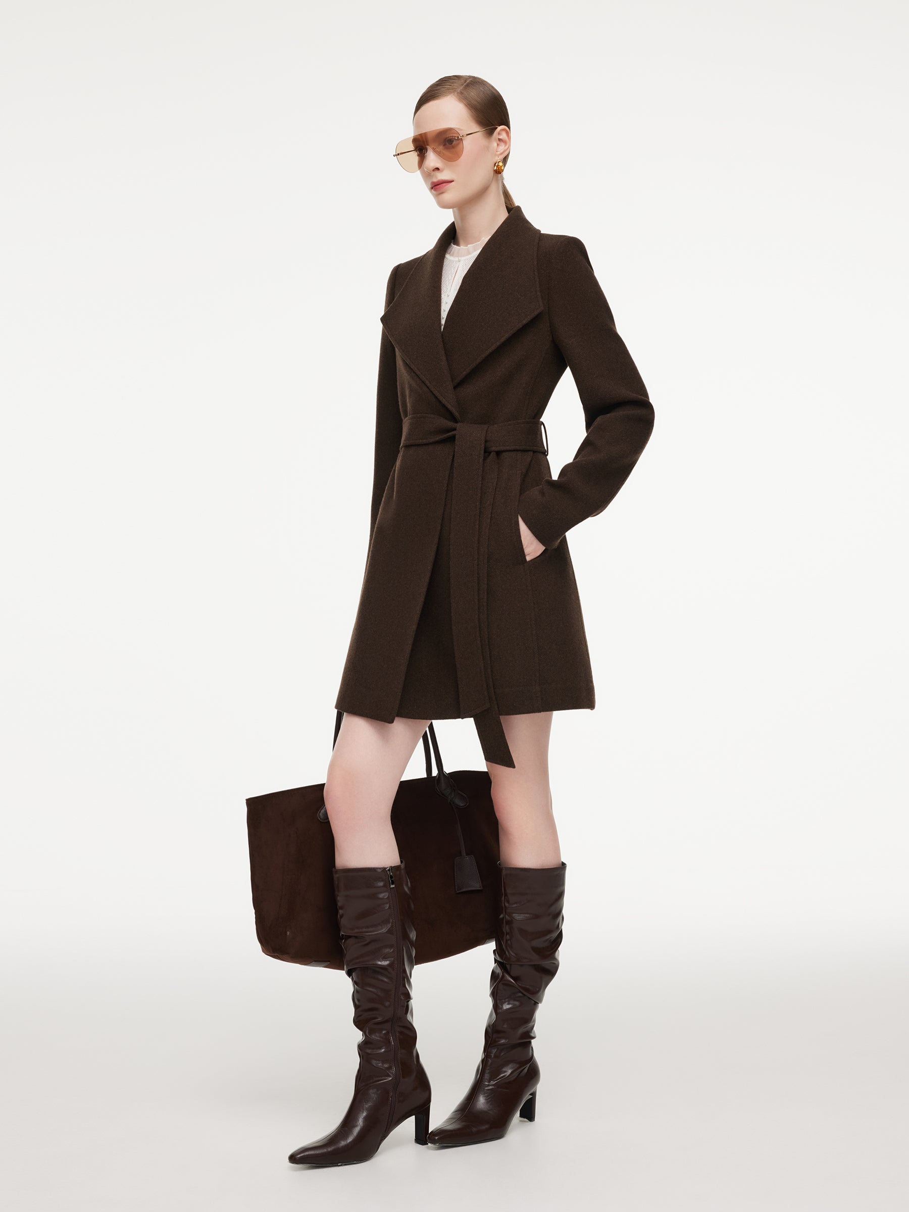 Cashmere Wool Blend Women Mid-Length Wrap Coat GOELIA