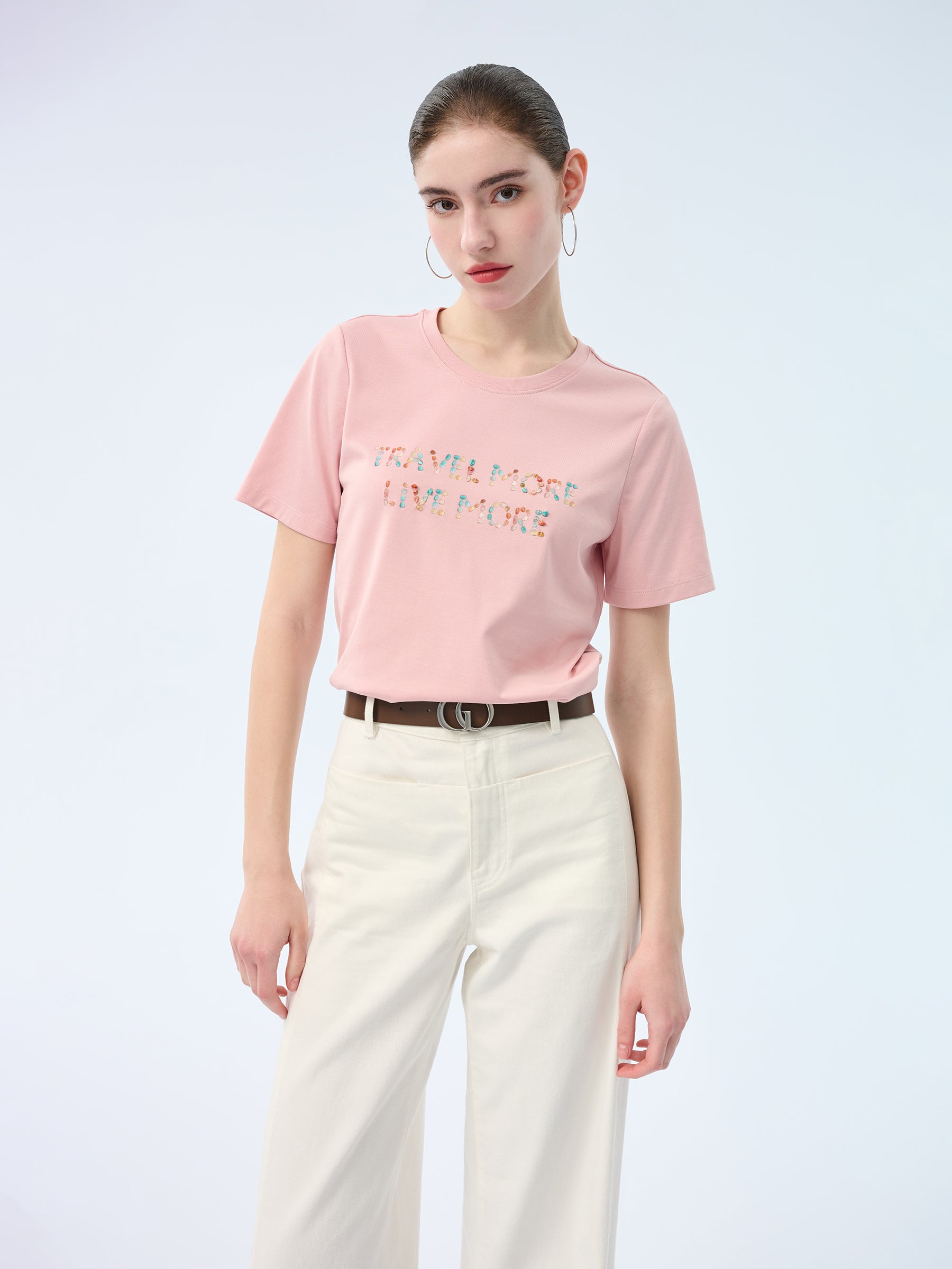 [Preview] Cotton Beaded Letter Women T-Shirt GOELIA