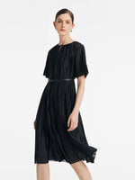 Pleated Round Neck Women Midi Dress With Leather Belt GOELIA