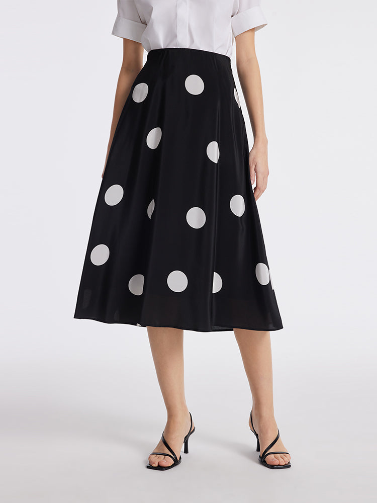 16 Momme Mulberry Silk Polka Dots Printed A-Line Women Half Skirt GOELIA