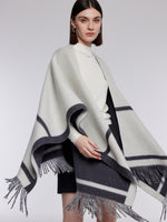 Cashmere Wool Contrast Border Fringed Poncho GOELIA