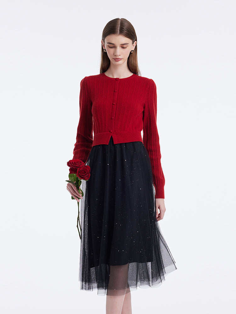 Pure Wool Patchwork Sequins Tulle Women Midi Dress GOELIA