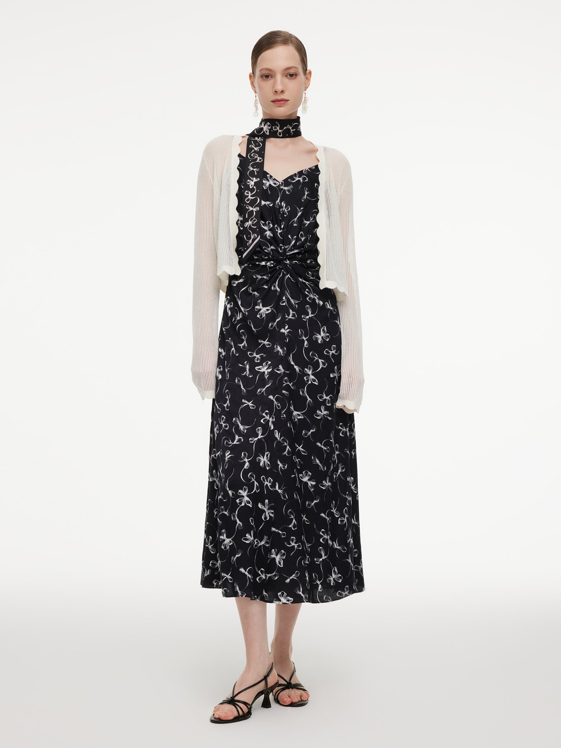 Ribbon Print Strap Dress And Cardigan Two-Piece Set GOELIA