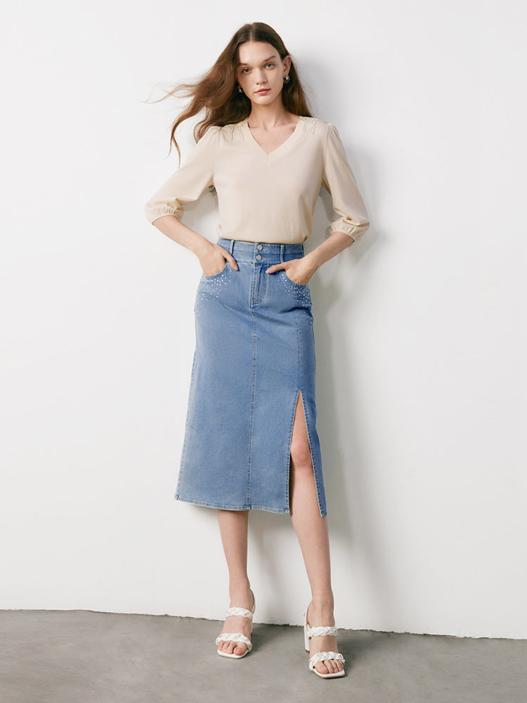 Blue High Waist Slit Denim Skirt GOELIA