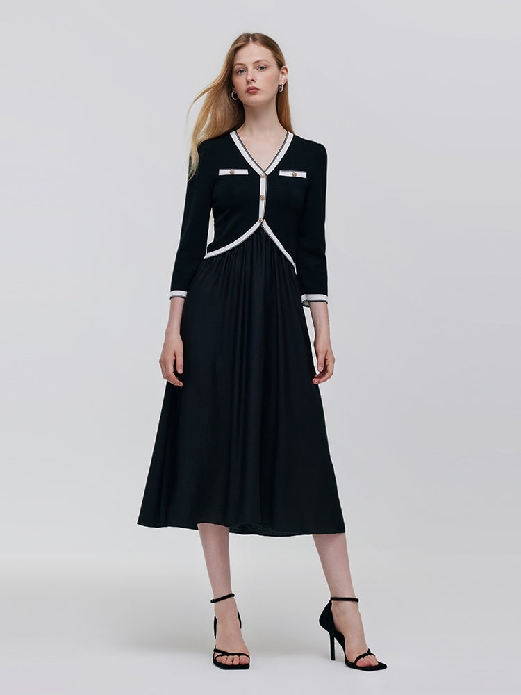 Contrast Trim Knitted Patchwork Women Midi Dress GOELIA