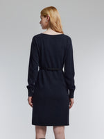 100% Wool Boat Neck Women Knit Mini Dress With Belt GOELIA
